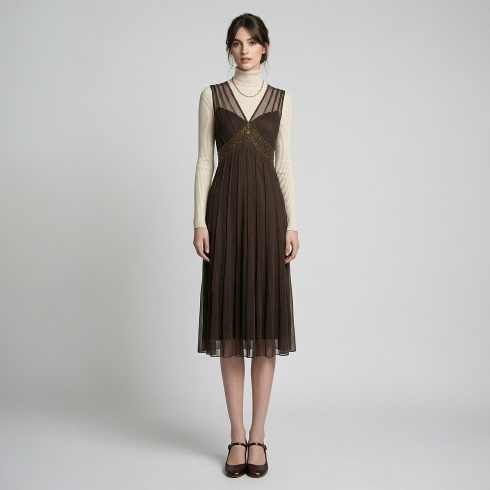 ECI Dress Brown Beaded Sequin Sleeveless Mesh Whimsigoth Retro 20s Midi Size 8